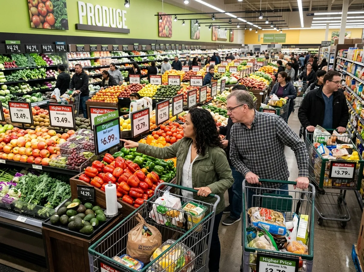 Grocery store aisle with shoppers checking prices on produce and dairy products