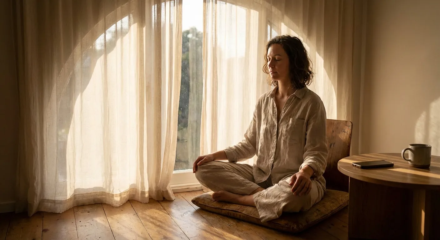 Person sitting peacefully by window practicing breathing exercises with morning light