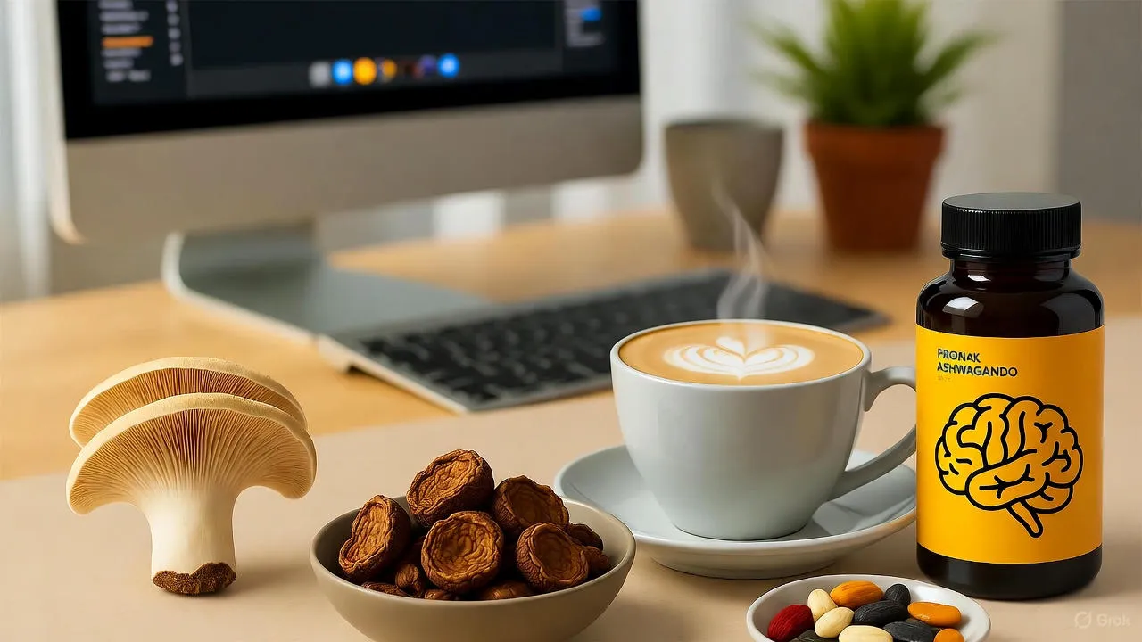 Mushroom latte and adaptogen supplements arranged on a minimalist desk with morning light