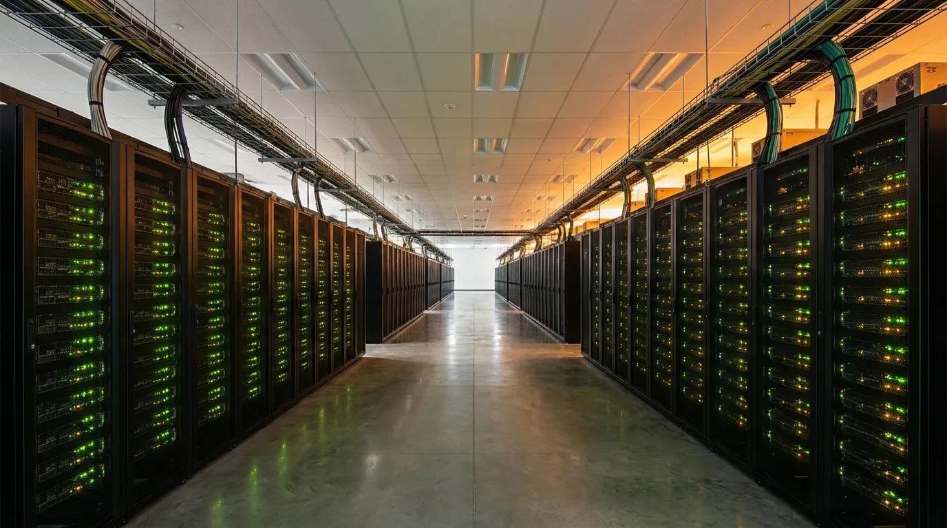 Data center hallway with rows of networking equipment and green status lights