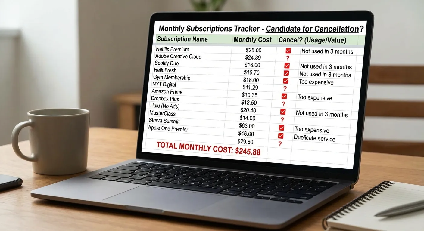 Spreadsheet listing various subscriptions with monthly costs