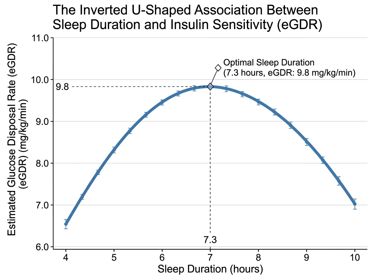 Scientific chart showing inverted U-curve relationship between sleep duration and glucose disposal
