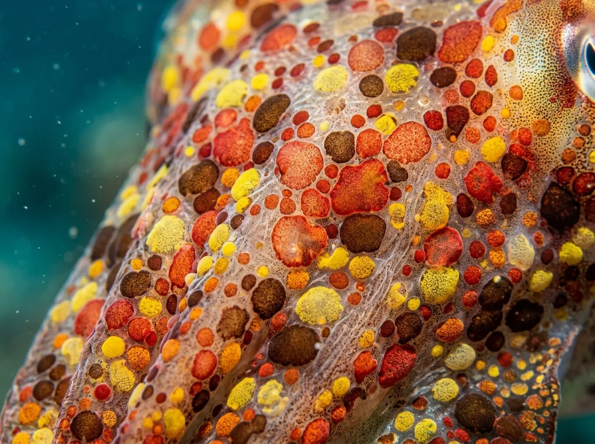 A cuttlefish displaying vivid color-changing chromatophores on its skin surface