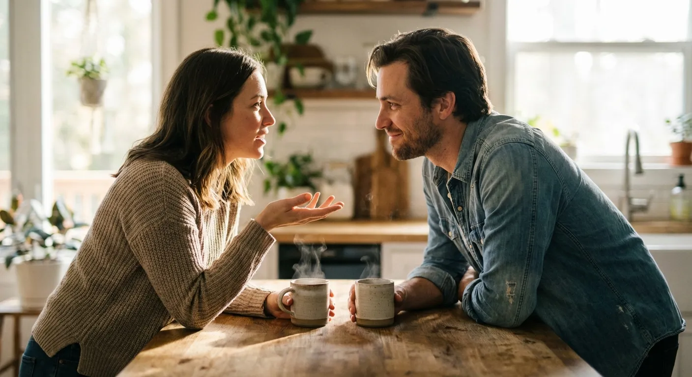 Two people sharing a quiet moment of connection over morning coffee at kitchen counter