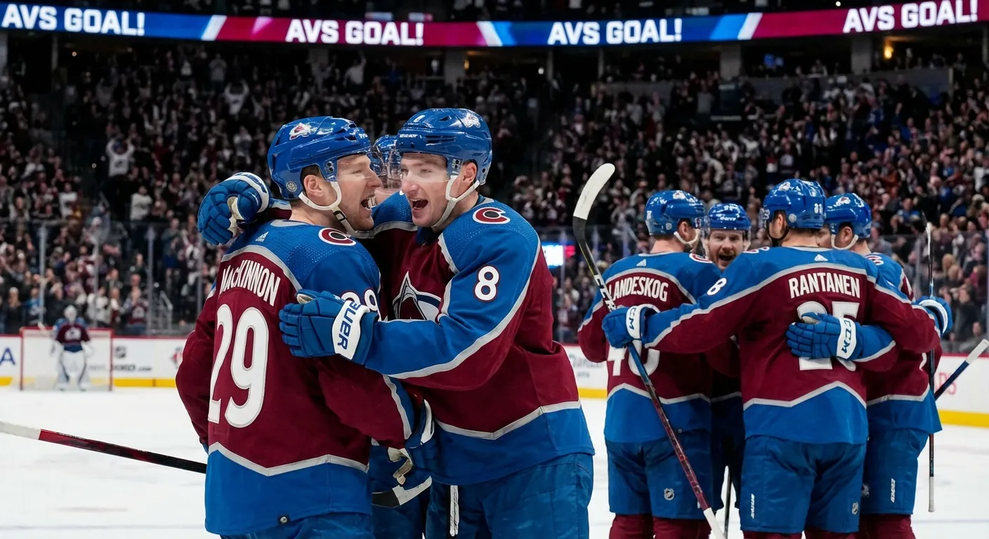 Nathan MacKinnon and Cale Makar of the Colorado Avalanche celebrating a goal