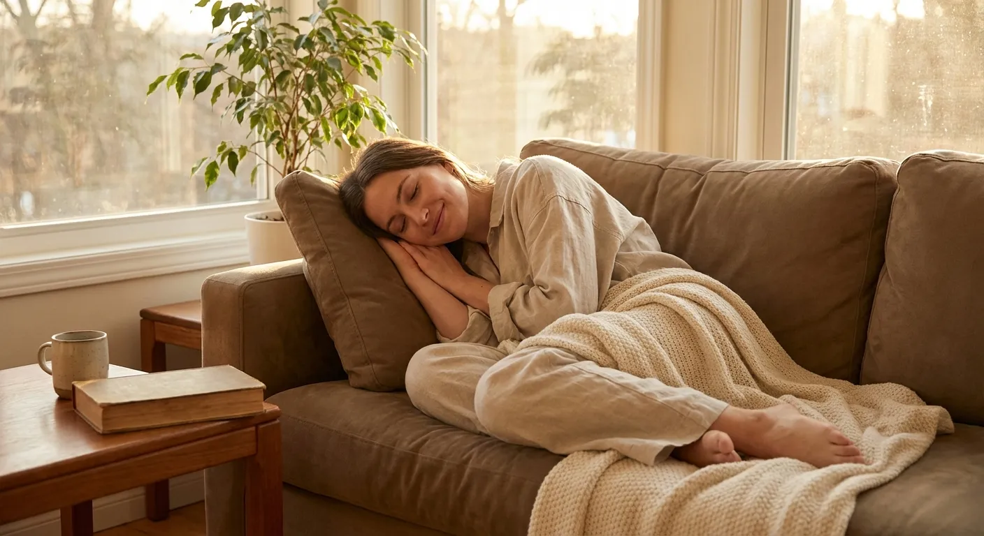 Person peacefully resting on couch in afternoon light without guilt