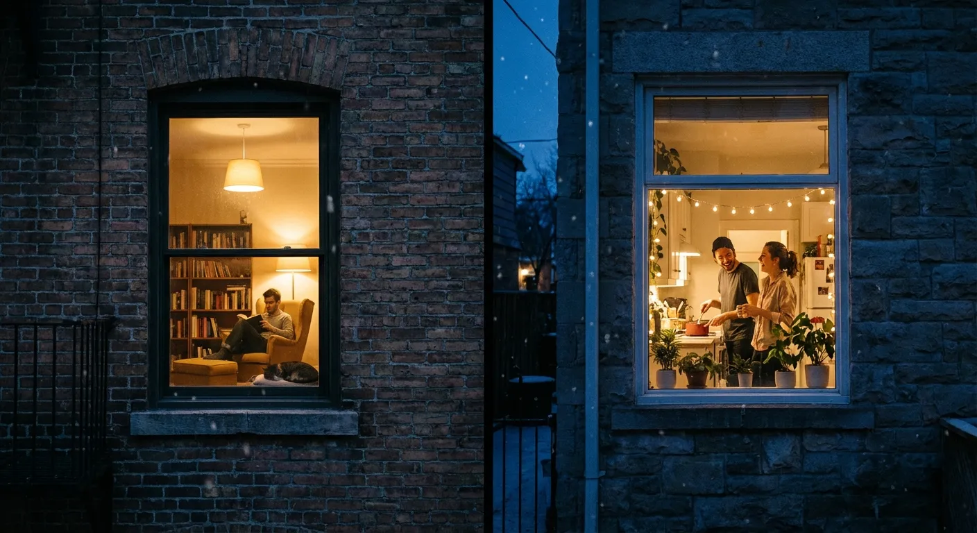 Two windows in different buildings, both warmly lit at night, suggesting connection across distance