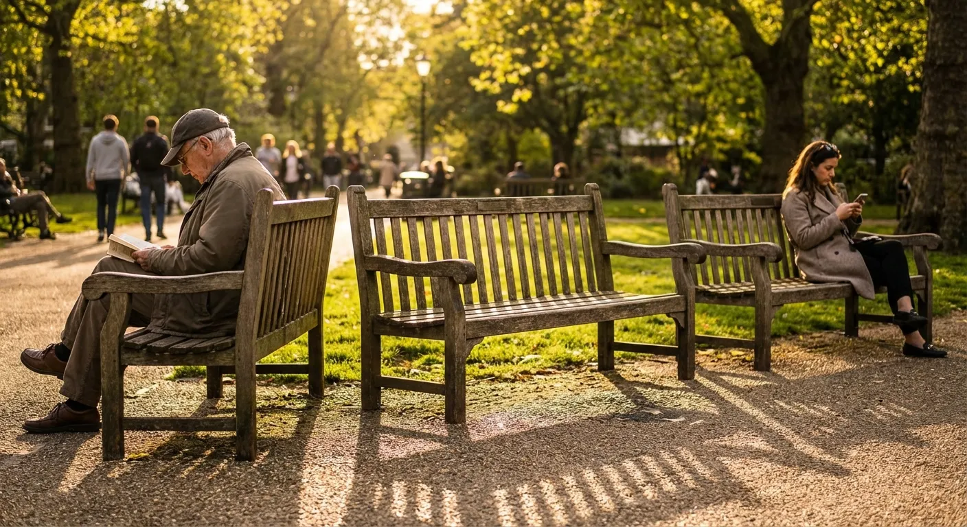 Empty park bench between two occupied ones symbolizing growing social distance