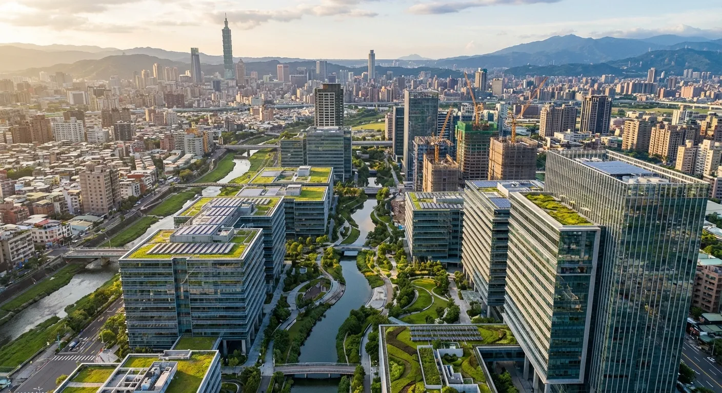 Modern technology park aerial view with semiconductor facilities in Taipei