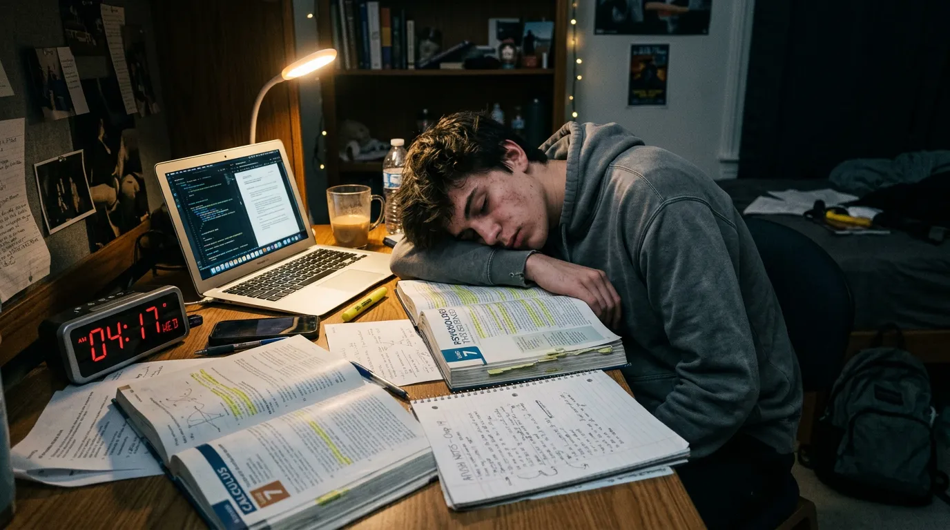 Tired teenager resting head on desk with textbooks and laptop nearby