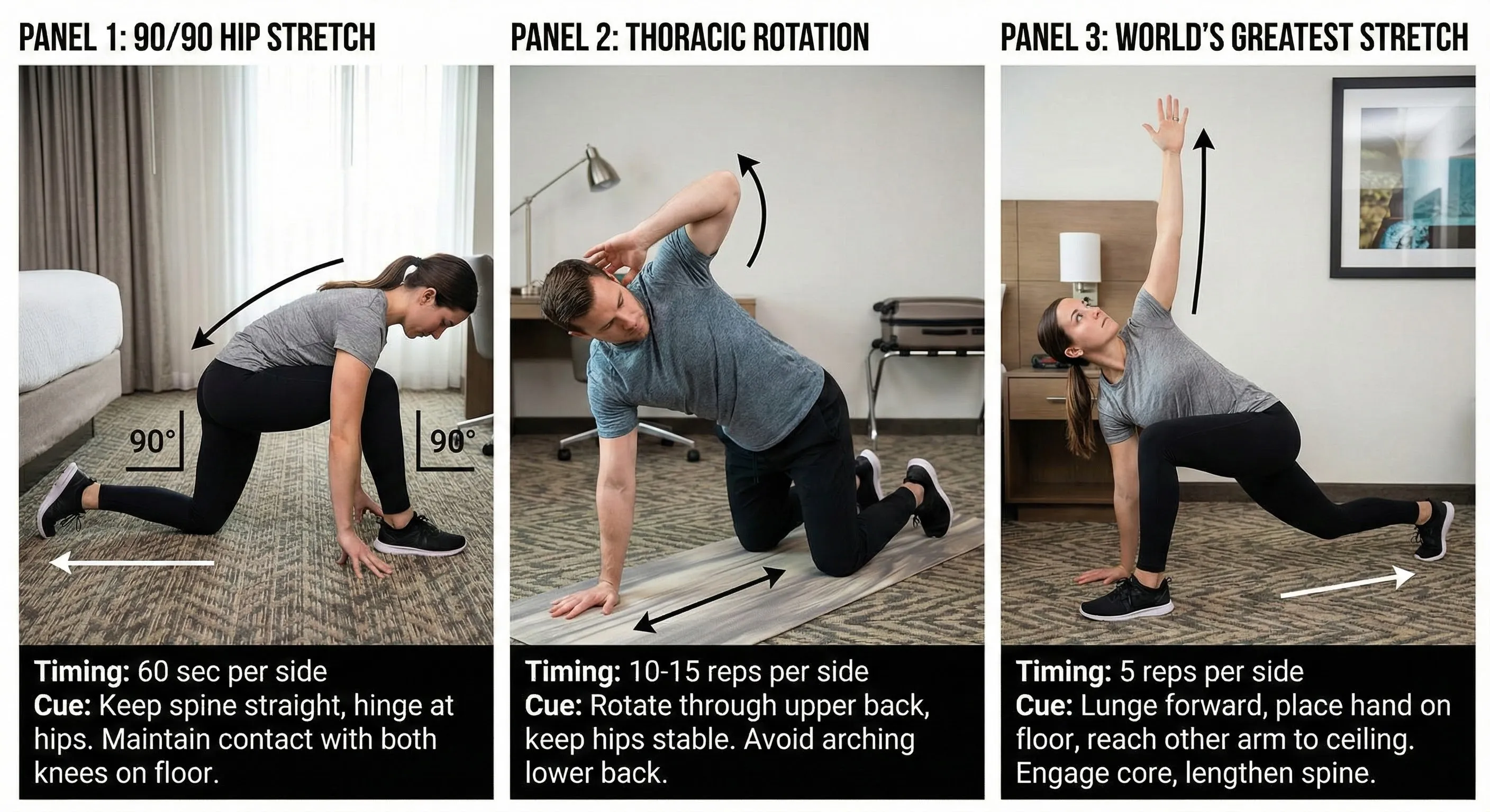 Three-part mobility sequence for post-travel recovery