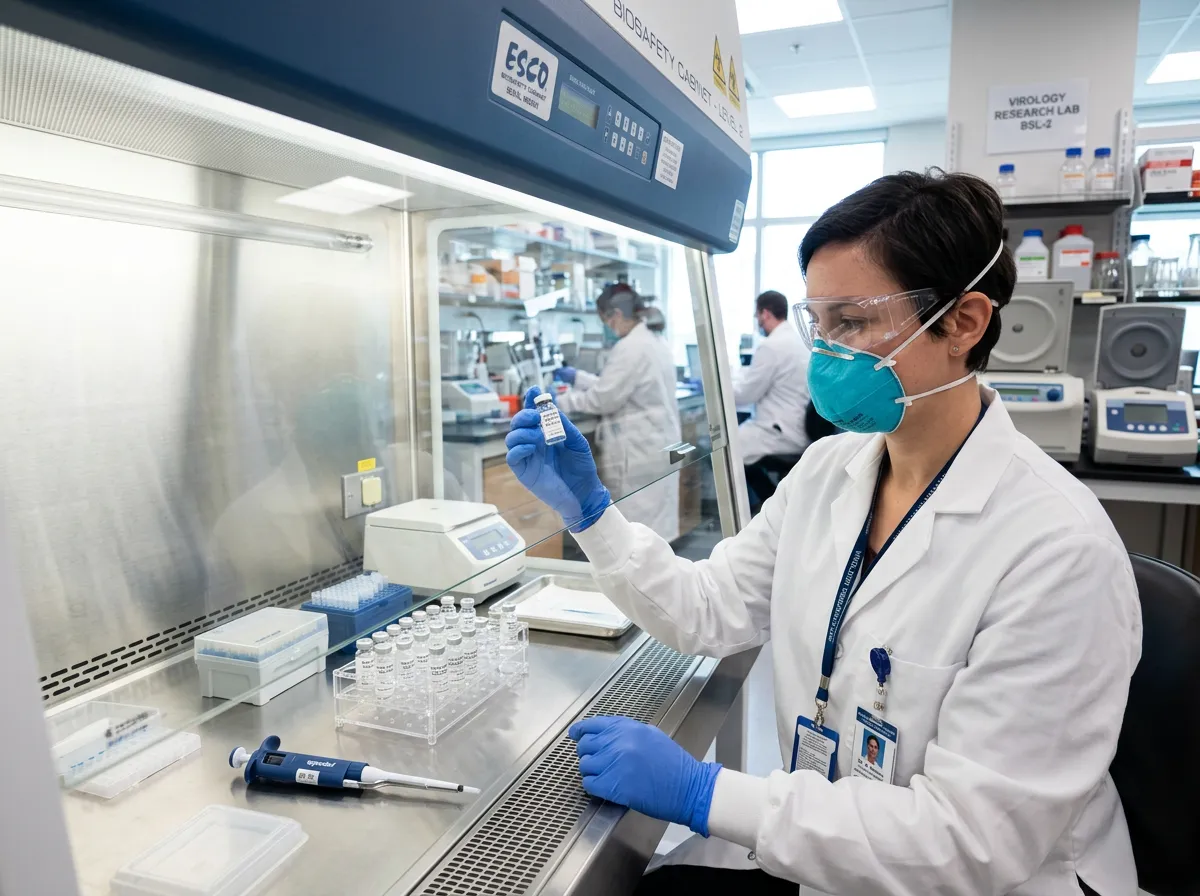 Researcher in laboratory examining bird flu nasal vaccine samples under controlled conditions