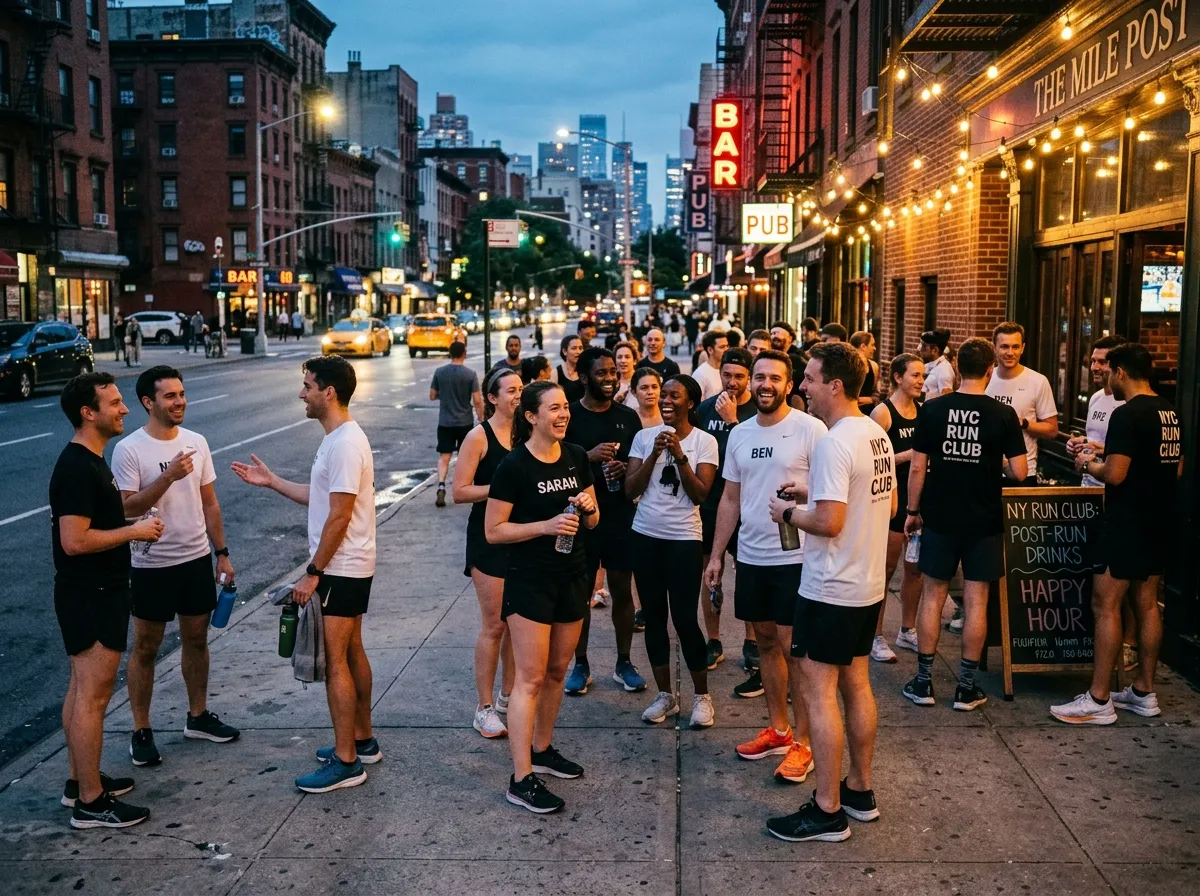 Runners wearing black and white shirts mingling after a run on a New York City street