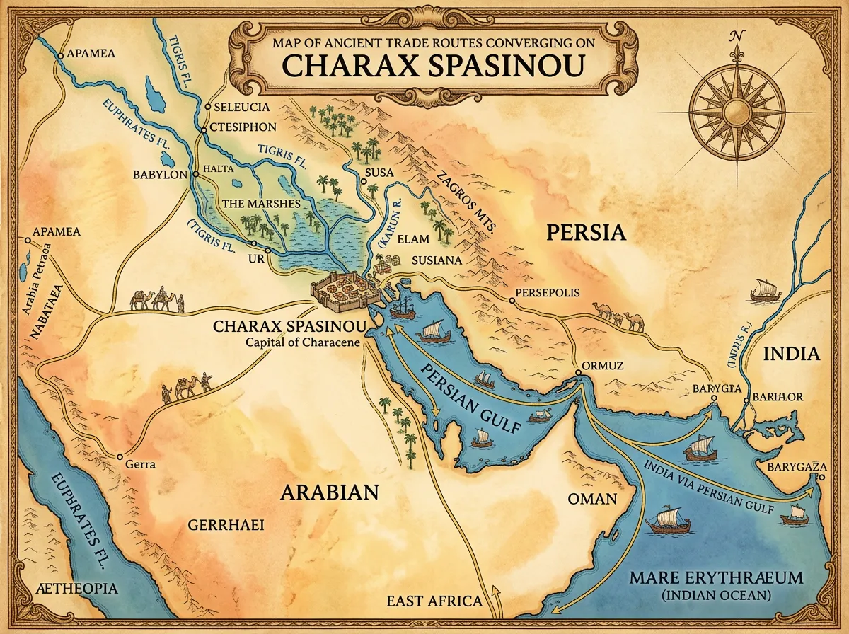 Illustrated map showing ancient trade routes through the Persian Gulf to Charax Spasinou