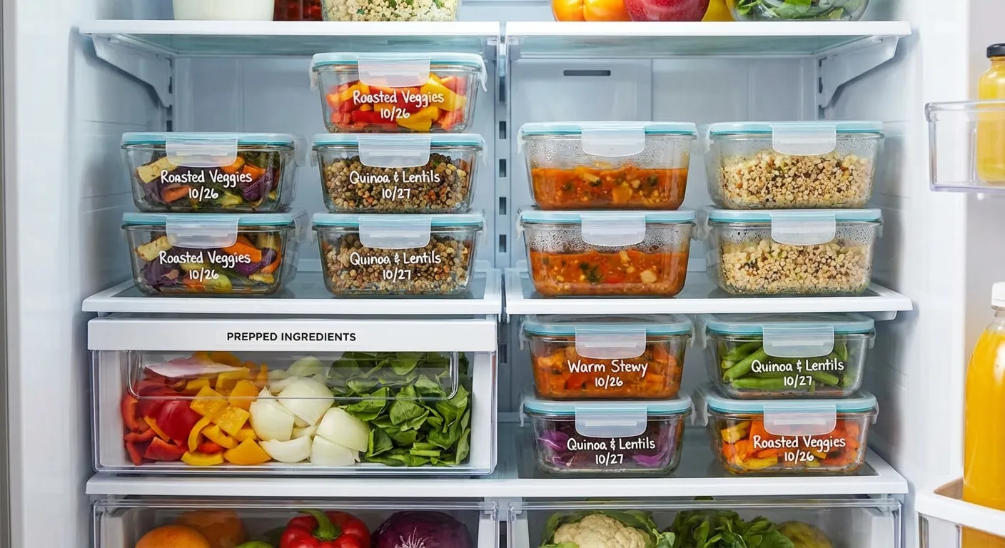 Organized refrigerator with labeled meal prep containers and ingredient storage