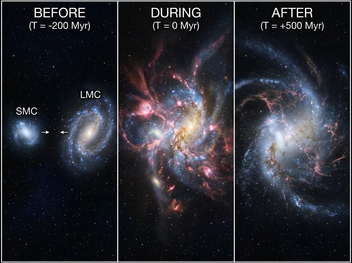 Simulation snapshots showing two dwarf galaxies before, during, and after a direct collision