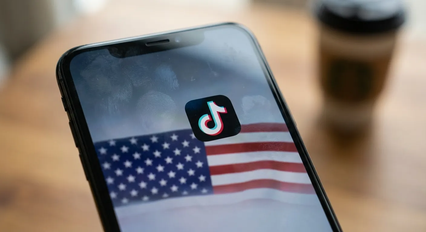 TikTok app icon on smartphone screen with American flag reflection