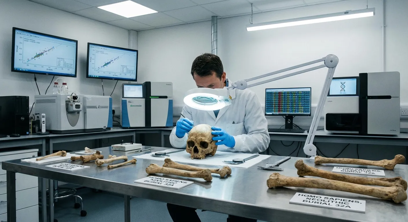 Laboratory analysis of ancient skeletal remains with scientific instruments visible