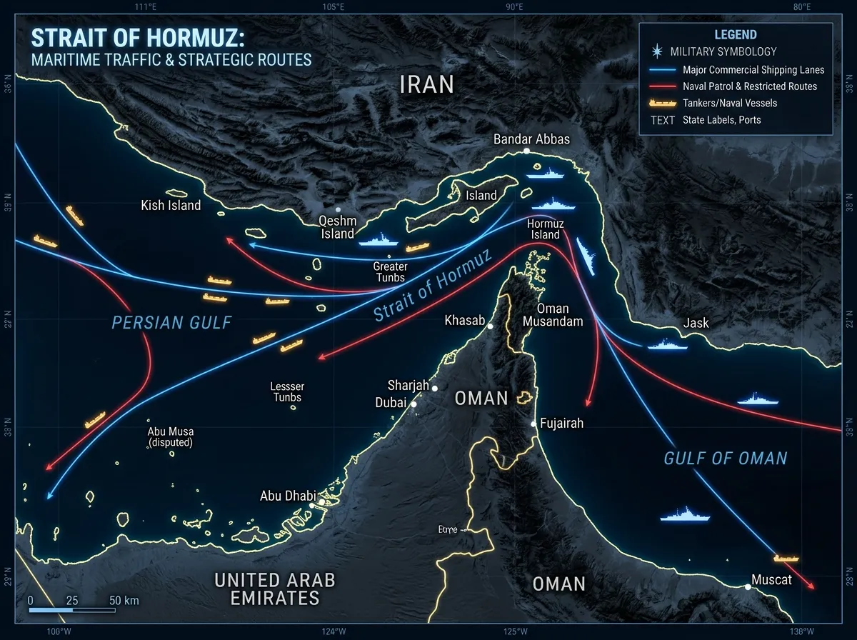 Map of the Strait of Hormuz showing naval vessels and oil shipping routes