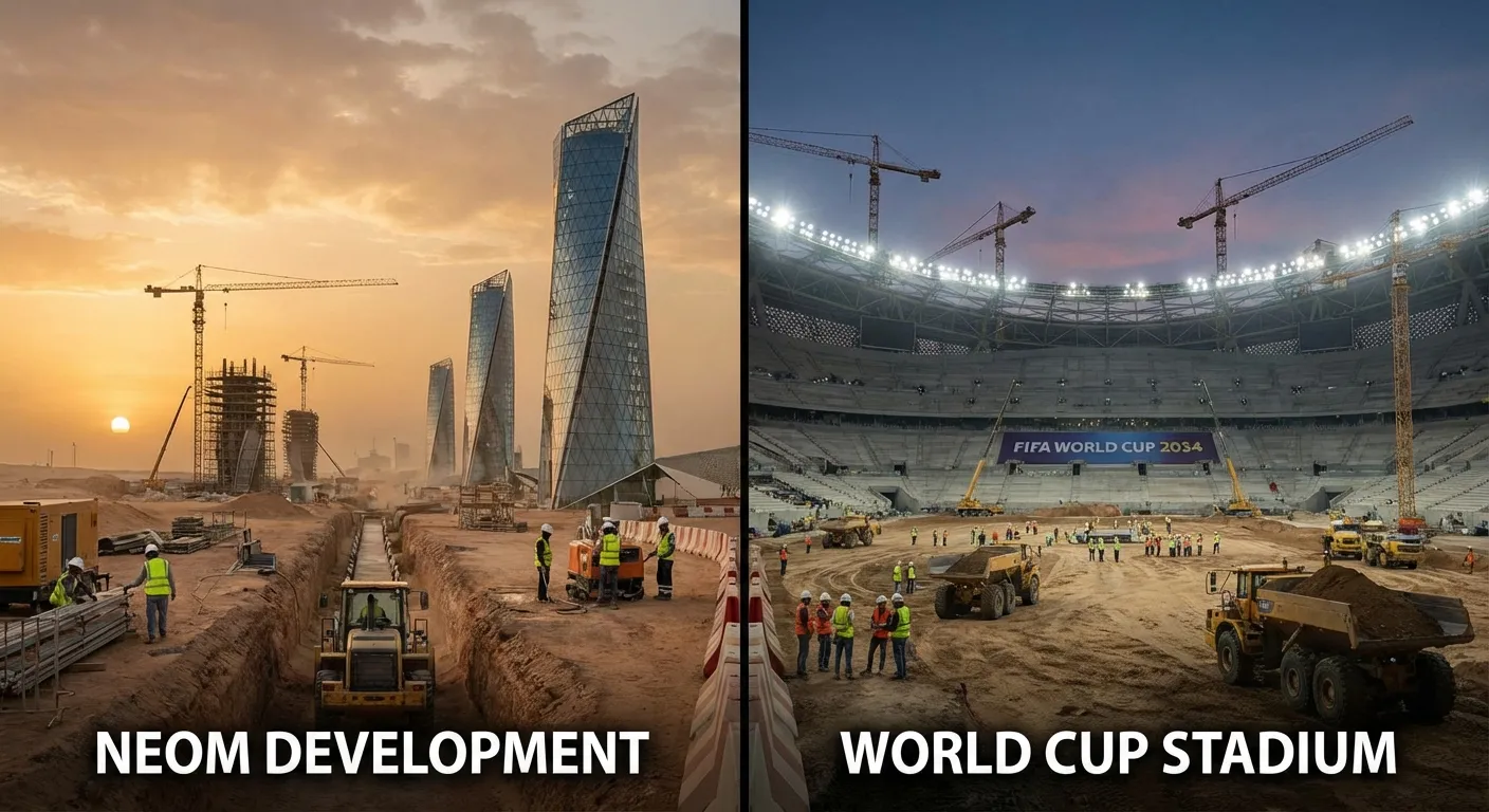 Construction visualization showing NEOM mega-city development alongside World Cup stadium