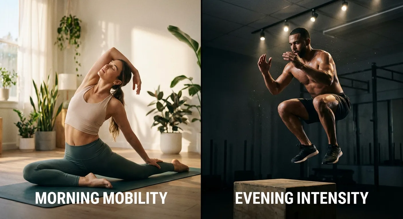 Split image showing morning yoga practice and evening high intensity training comparison