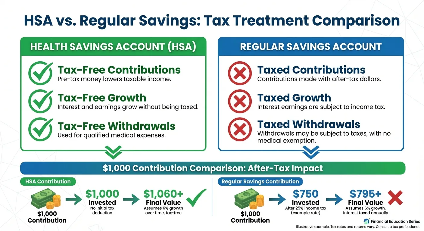 Comparison chart showing HSA triple tax advantage versus traditional savings