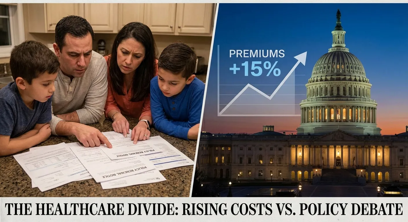 Healthcare policy document with stethoscope and rising cost chart showing premium increases
