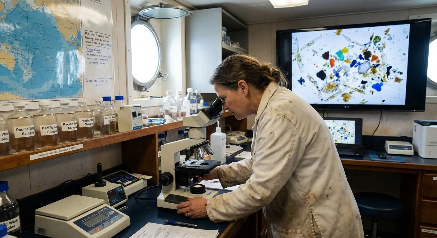 Researcher examining water samples under microscope looking for microplastic particles