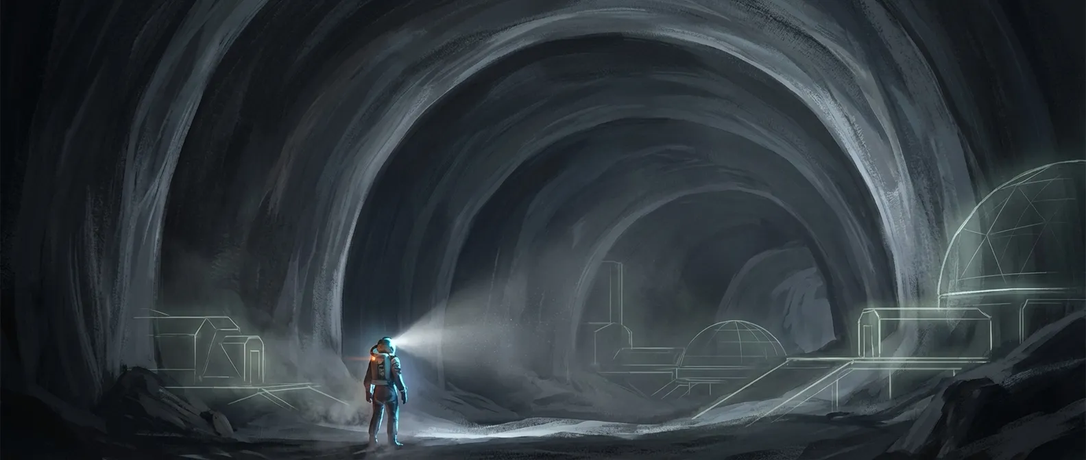 Interior of a massive lava tube cave with astronaut for scale showing potential lunar habitat
