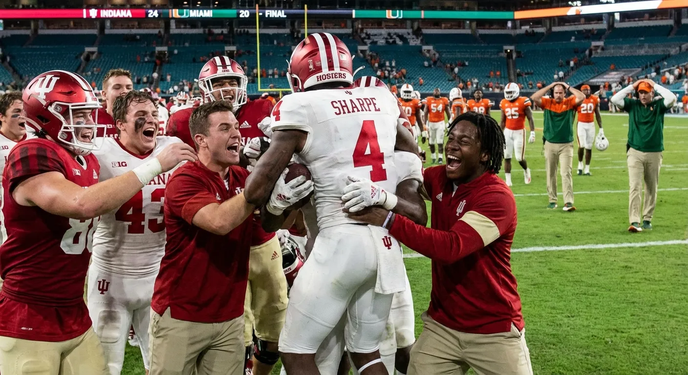Indiana defense celebrating after Jamari Sharpe's game-sealing interception
