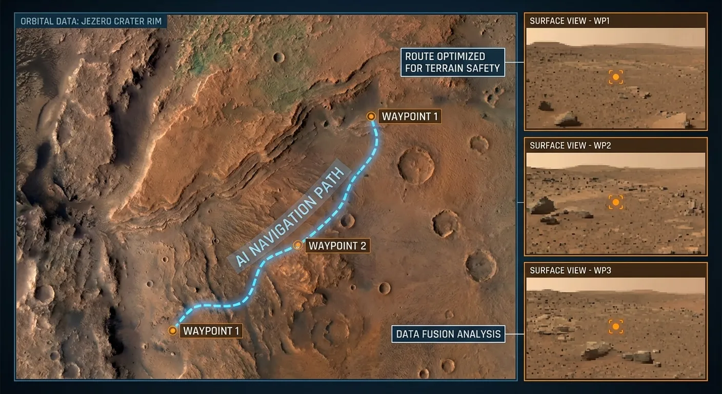 Visualization of AI-planned waypoints overlaid on Martian terrain from orbit