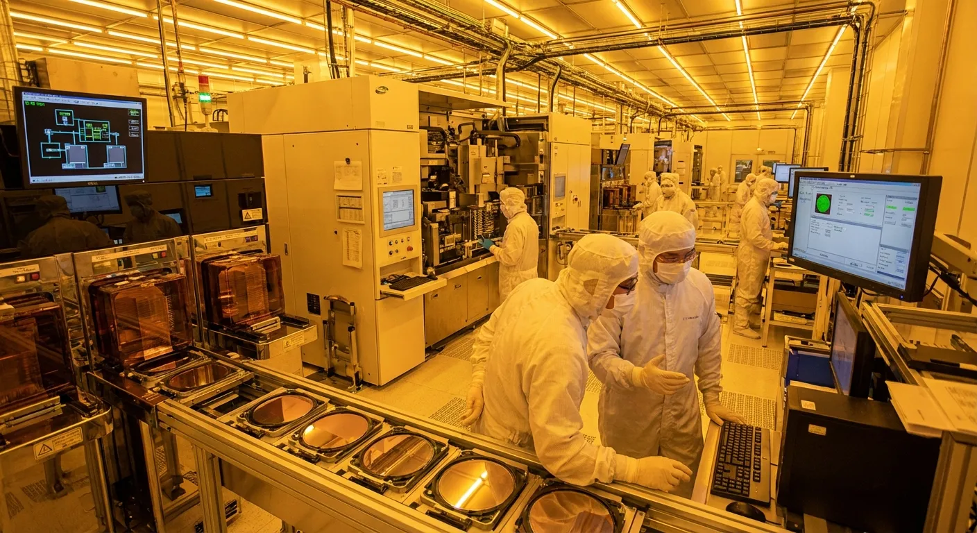 A modern semiconductor fabrication facility with engineers in cleanroom suits working on chip production