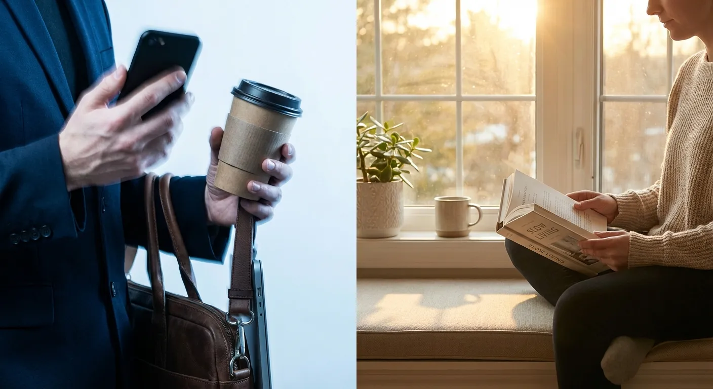 Contrast between frantic phone multitasking and calm person reading a book in sunlight