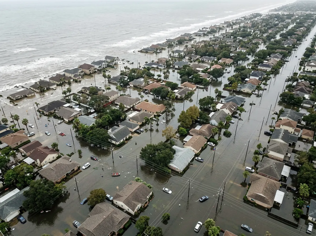Aerial view of a flooded coastal neighborhood with homes partially submerged in water