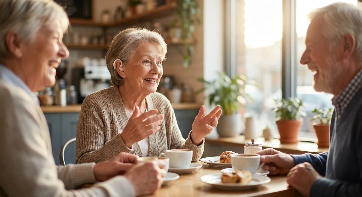 Older adult wearing a modern hearing aid while engaged in lively conversation at a sunlit table