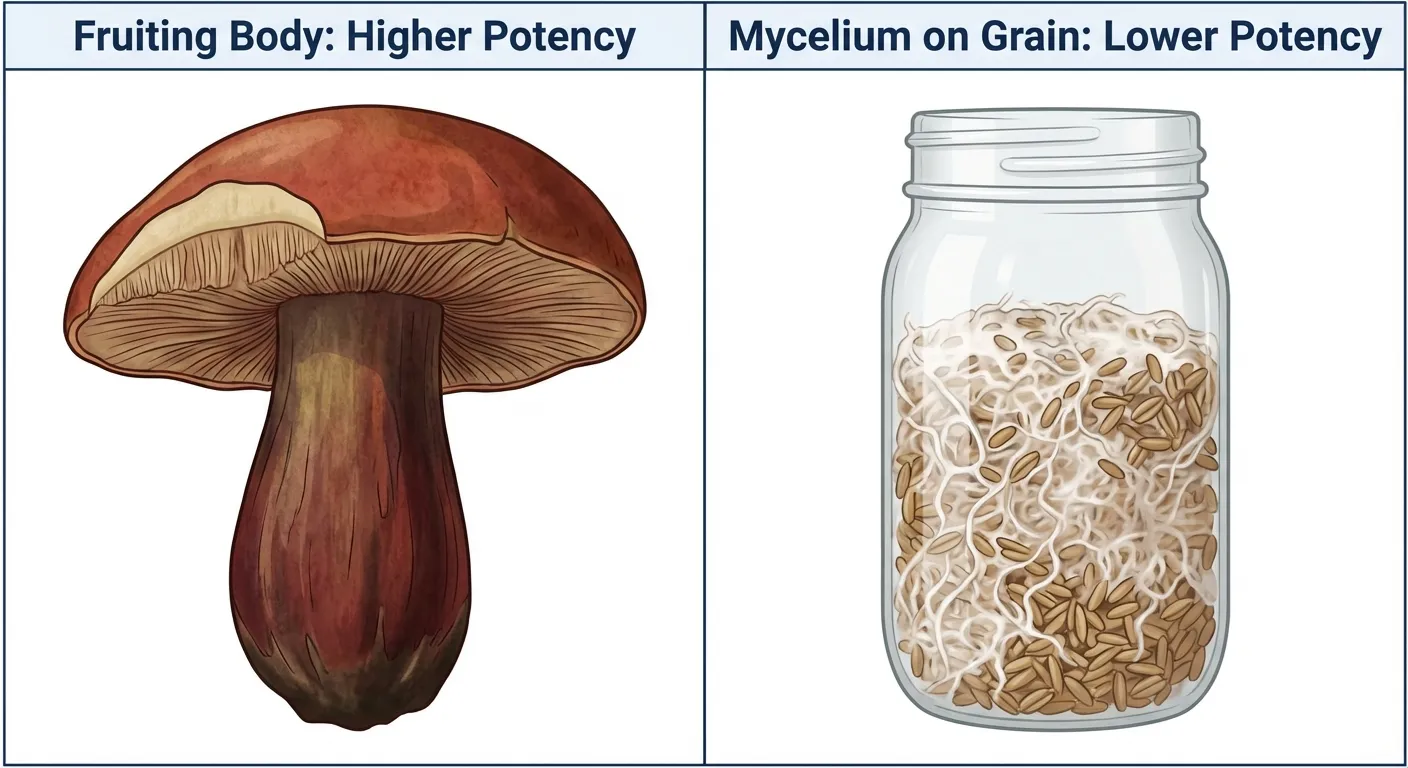 Comparison of mushroom fruiting bodies versus mycelium grain substrate