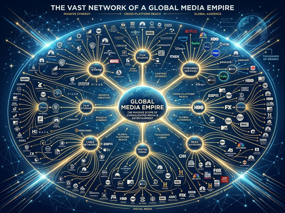 A massive media empire visualization showing interconnected entertainment brands