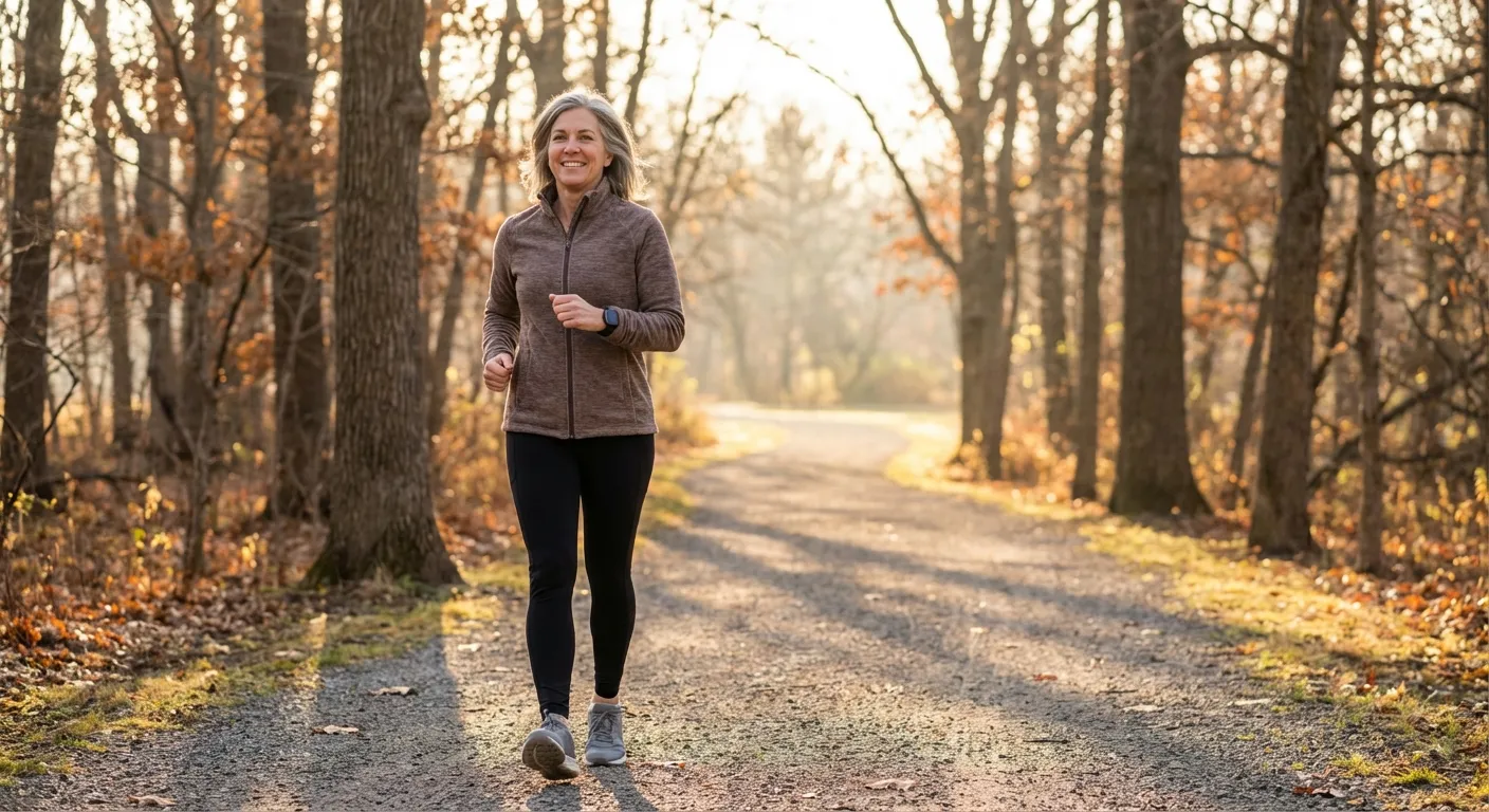 Person walking briskly on a tree-lined path demonstrating interval walking technique