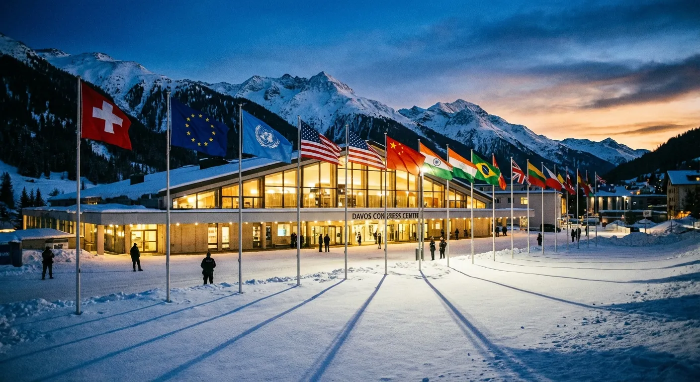 Swiss Alps backdrop with Davos conference center and world flags