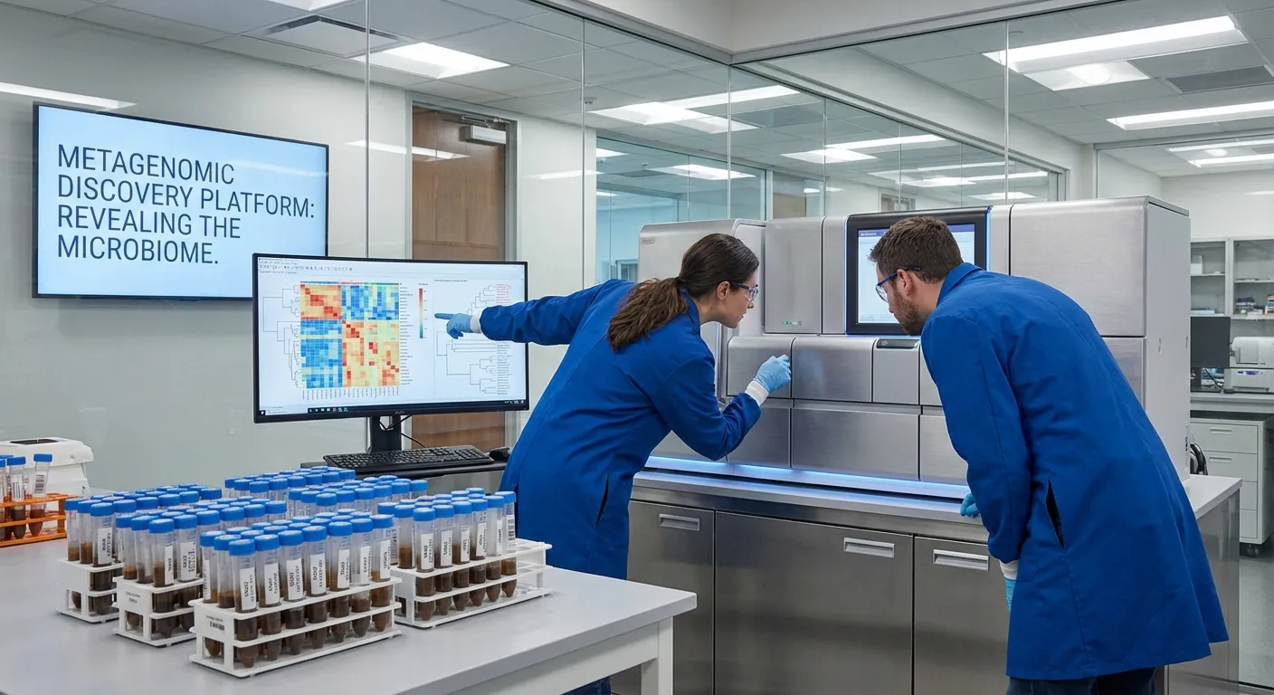 Scientists working with metagenomic sequencing equipment analyzing gut microbiome DNA samples