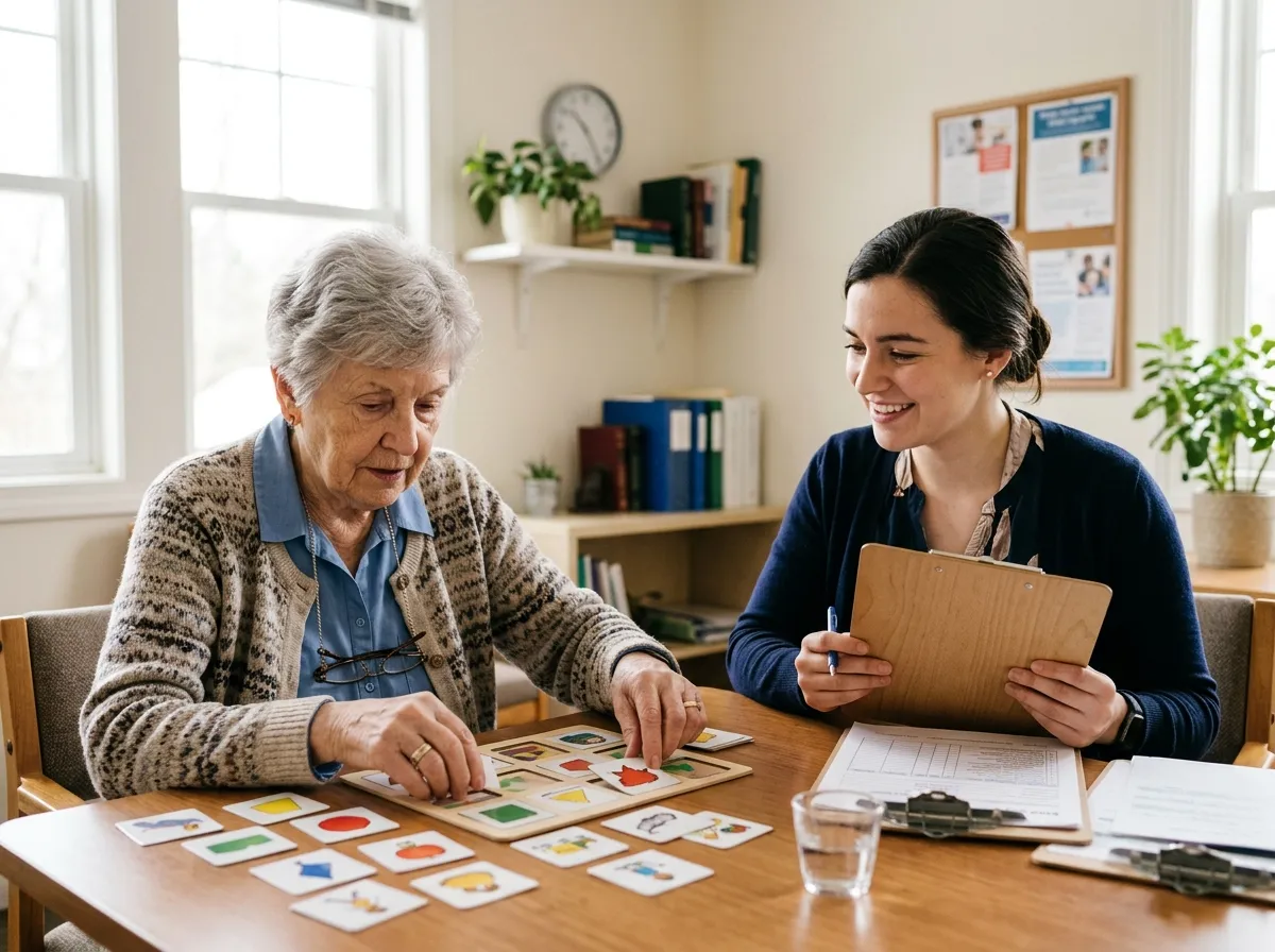 An elderly person completing a memory puzzle task with a researcher observing and taking notes