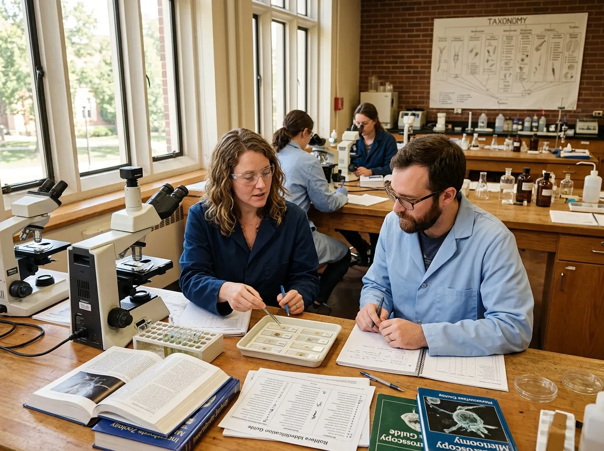 Scientists working at microscopes during a collaborative taxonomy workshop at a university lab