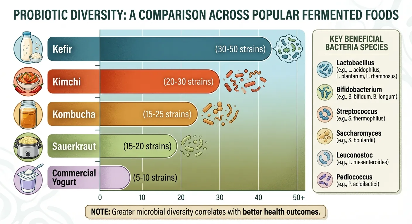 Comparison chart showing probiotic diversity in different fermented foods: kefir, yogurt, kimchi, sauerkraut, kombucha