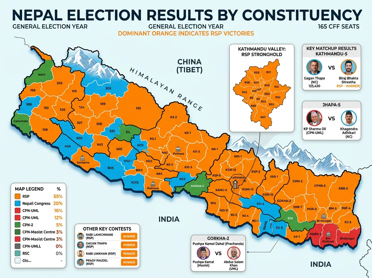 Map of Nepal showing RSP election victories across constituencies