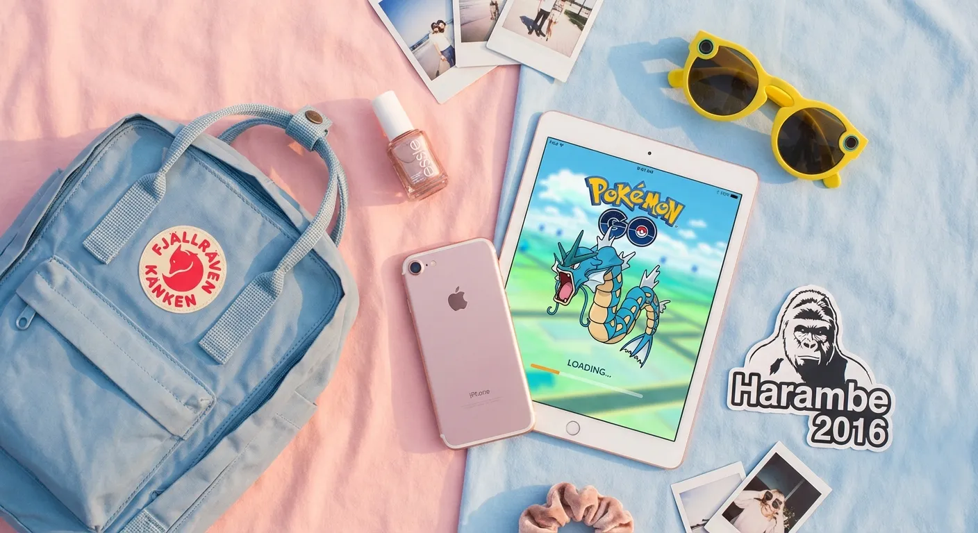 Collage of 2016 cultural artifacts including phones and fashion on pastel background