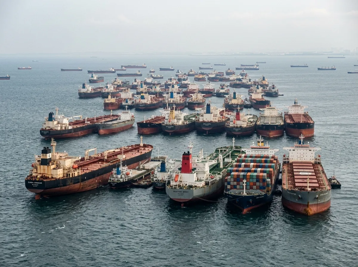 Oil tankers anchored outside the Persian Gulf unable to transit the Strait