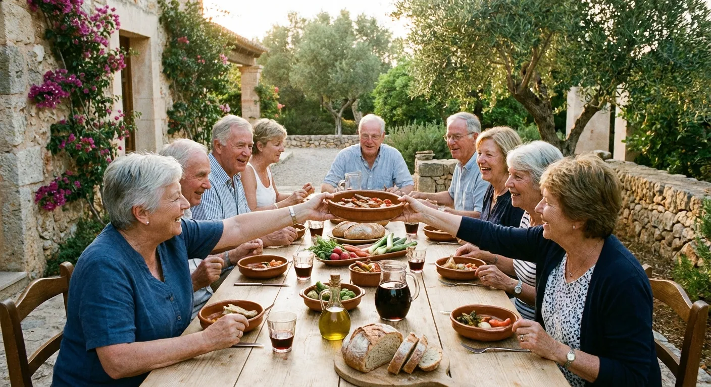 Older adults sharing a meal outdoors at a long communal table in warm sunlight