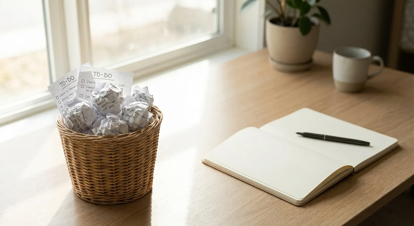 Crumpled paper to-do lists in trash next to clean empty notebook