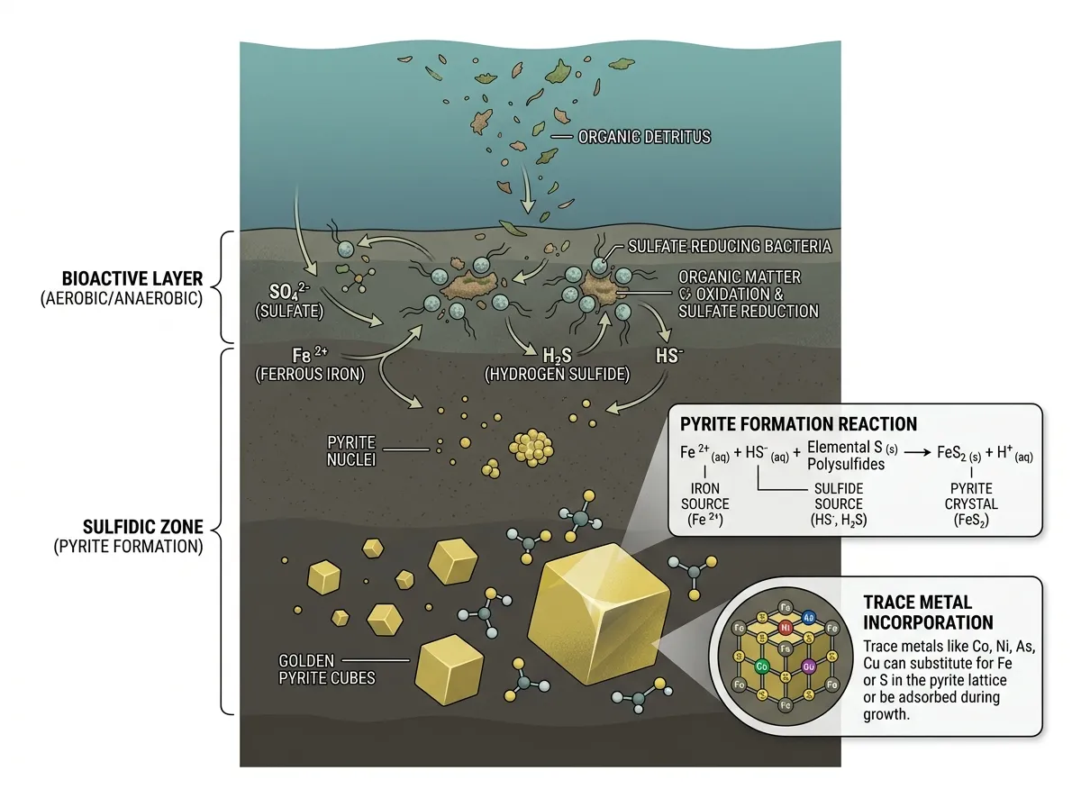 Schematic cross-section showing pyrite crystals forming in organic-rich seafloor mud over time