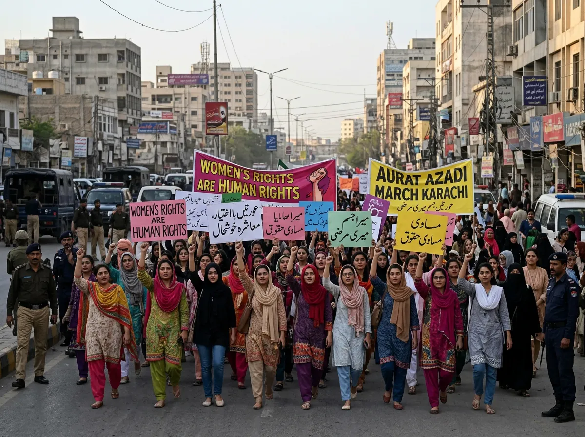Women's rights activists rallying with signs and raised fists in Karachi Pakistan